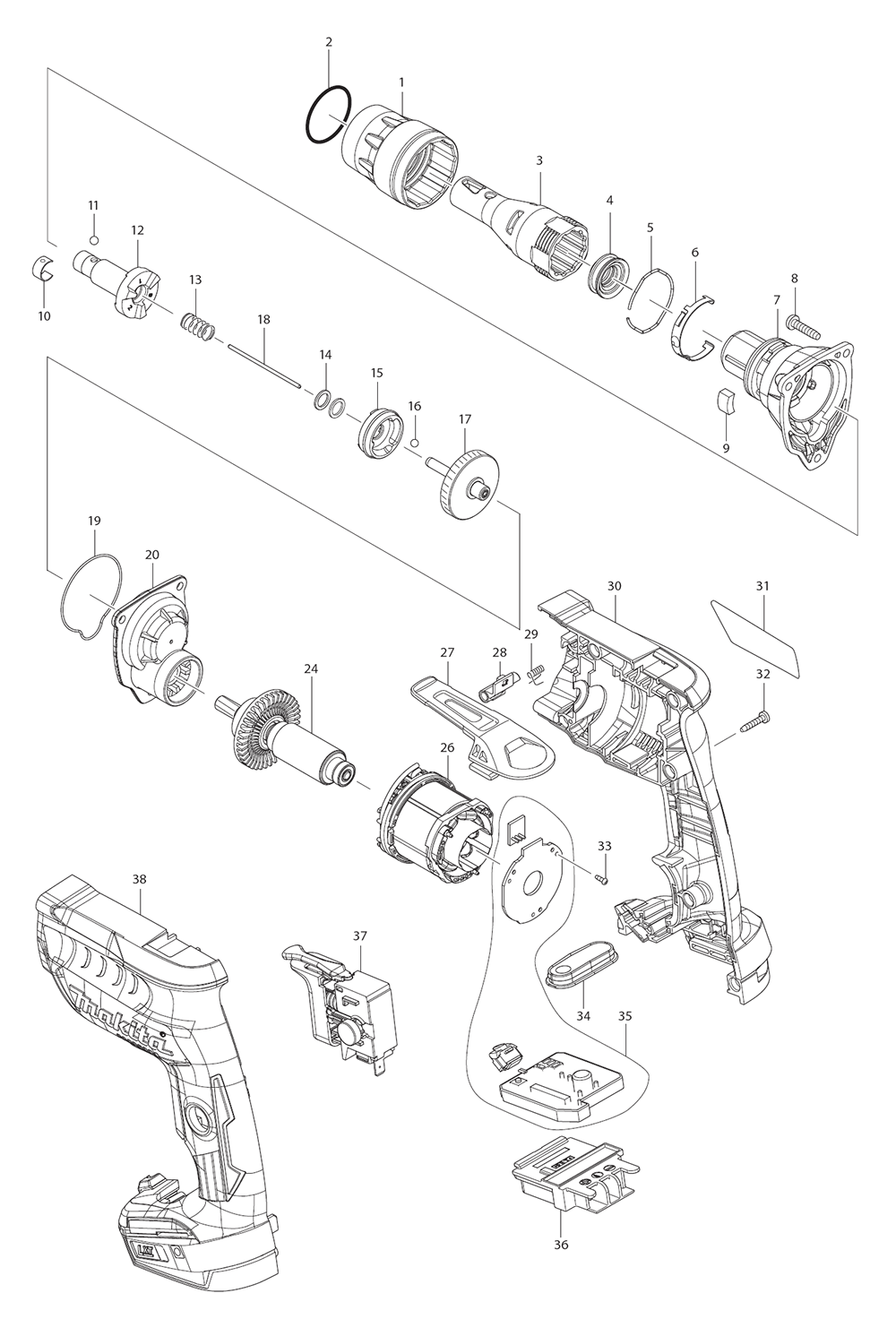Page 1 Diagram and Parts List for XSF03T  Makita Screwdriver