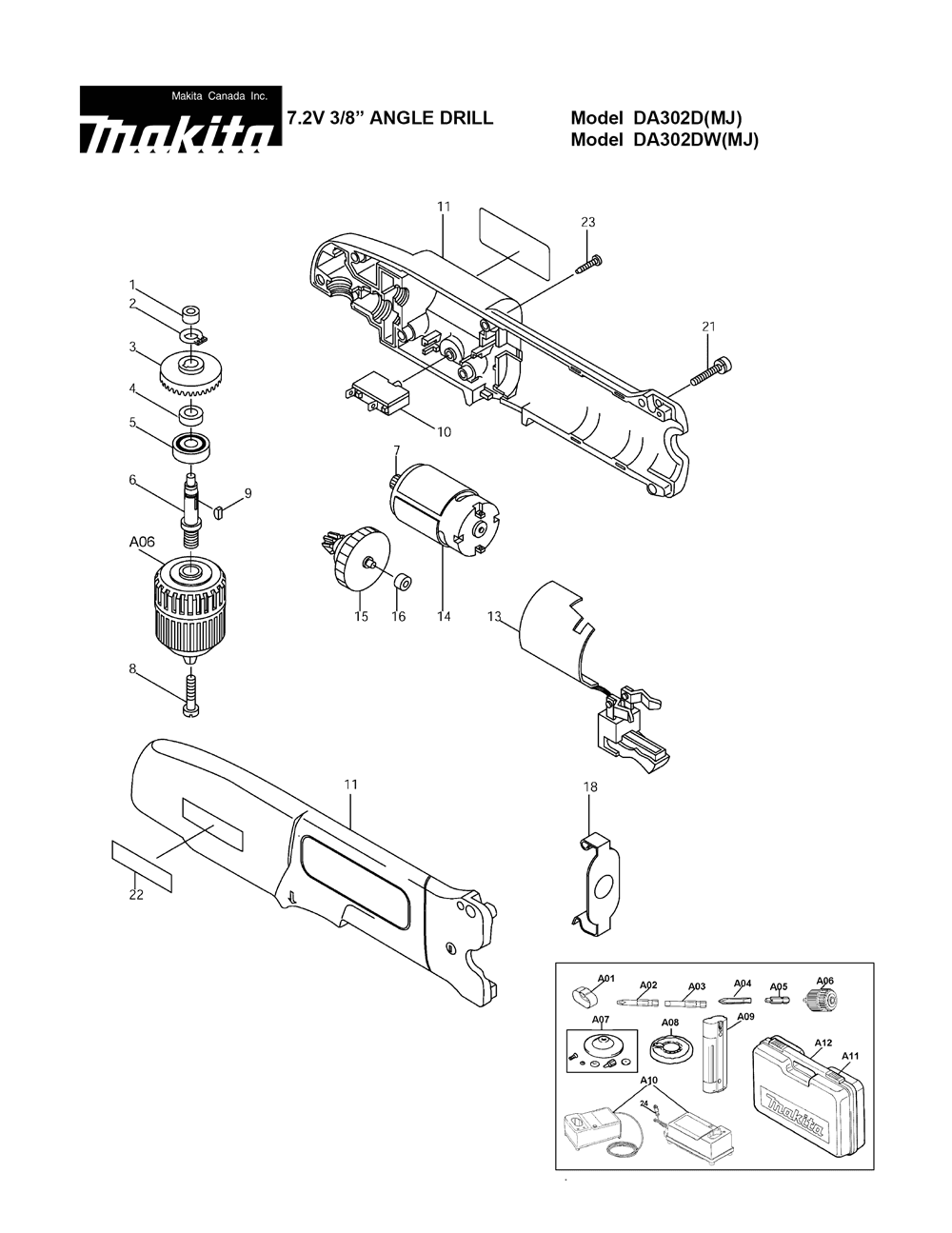 Page 1 Diagram and Parts List for DA302DW  Makita Drill