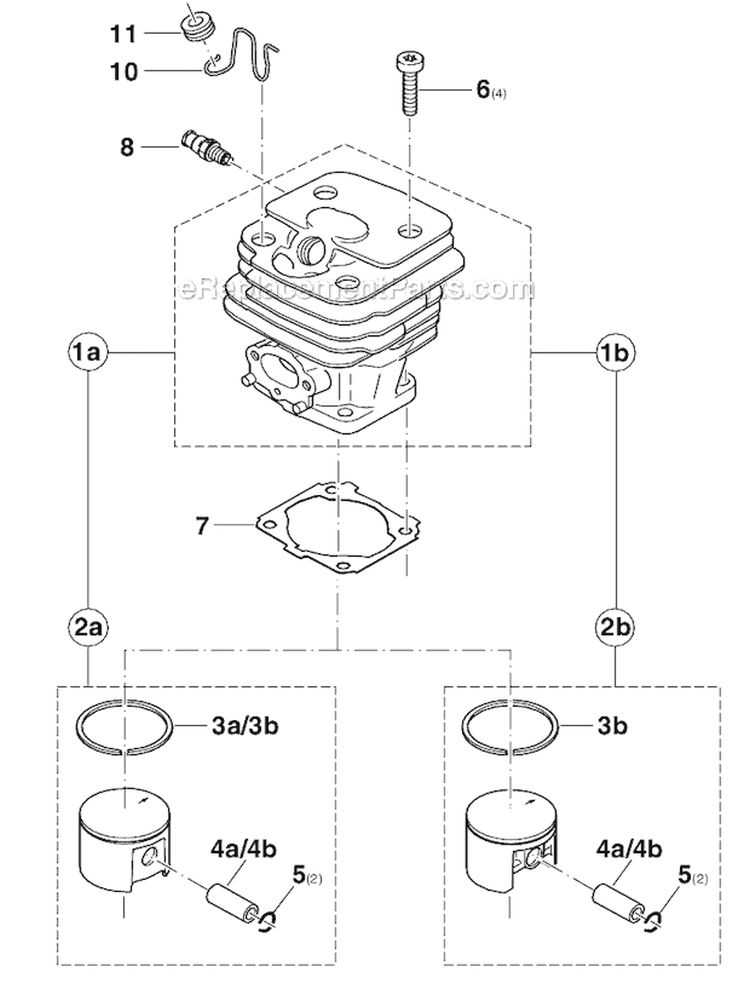 Cylinder, Piston Diagram and Parts List for DCS540  Makita Chainsaw
