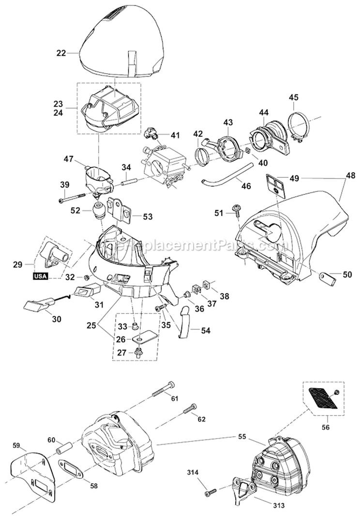 Hood, Air Filter, Muffler Diagram and Parts List for DCS642120  Makita Chainsaw