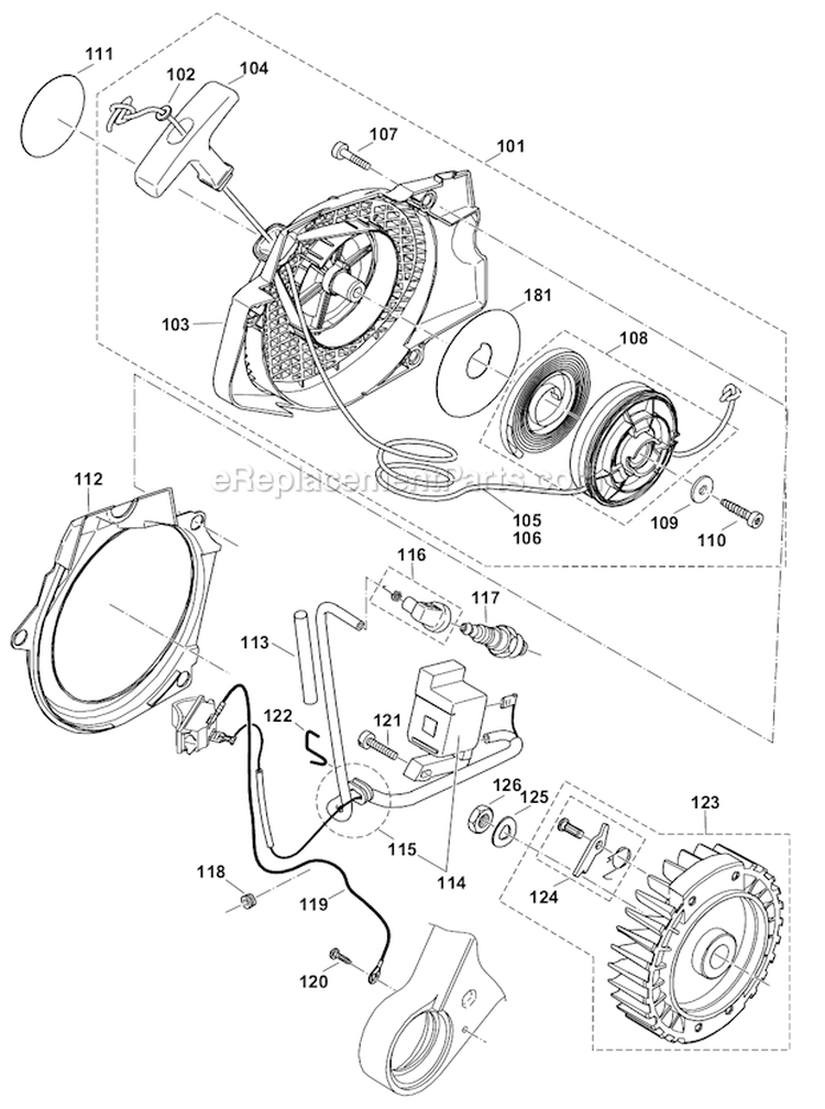Ignition Electronics, Starter Diagram and Parts List for DCS642120  Makita Chainsaw