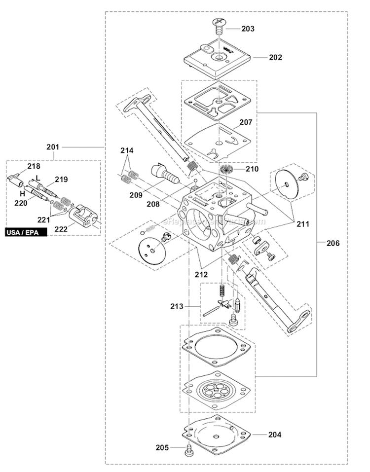 Carburetor Diagram and Parts List for DCS642120  Makita Chainsaw