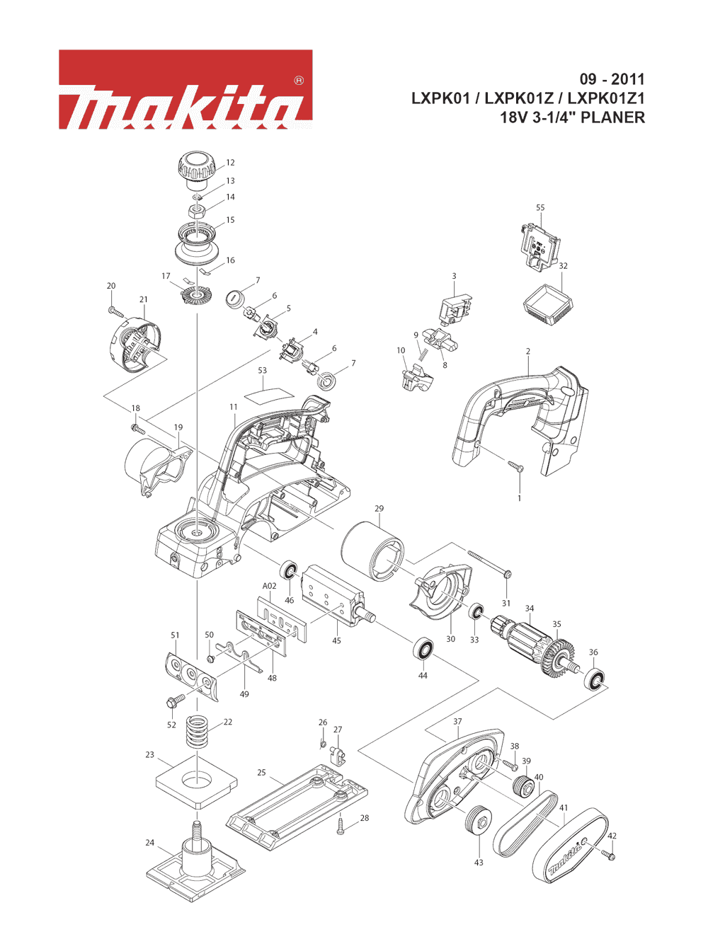 Page 1 Diagram and Parts List for LXPK01Z Type 1 Makita Planer Jointer
