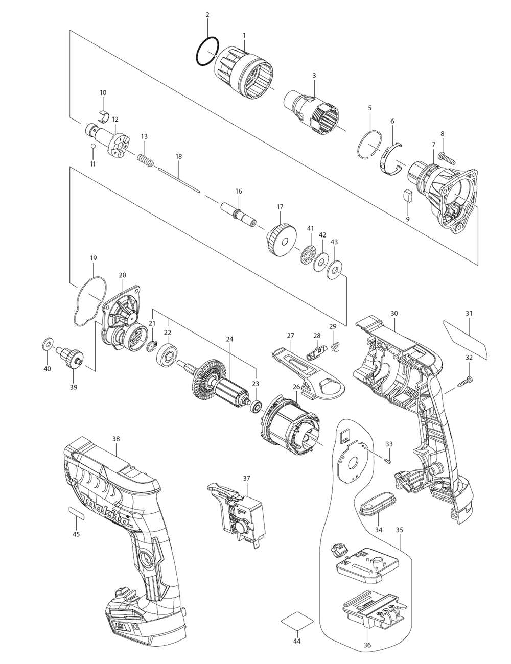 Page 1 Diagram and Parts List for XSF05T  Makita Screwdriver