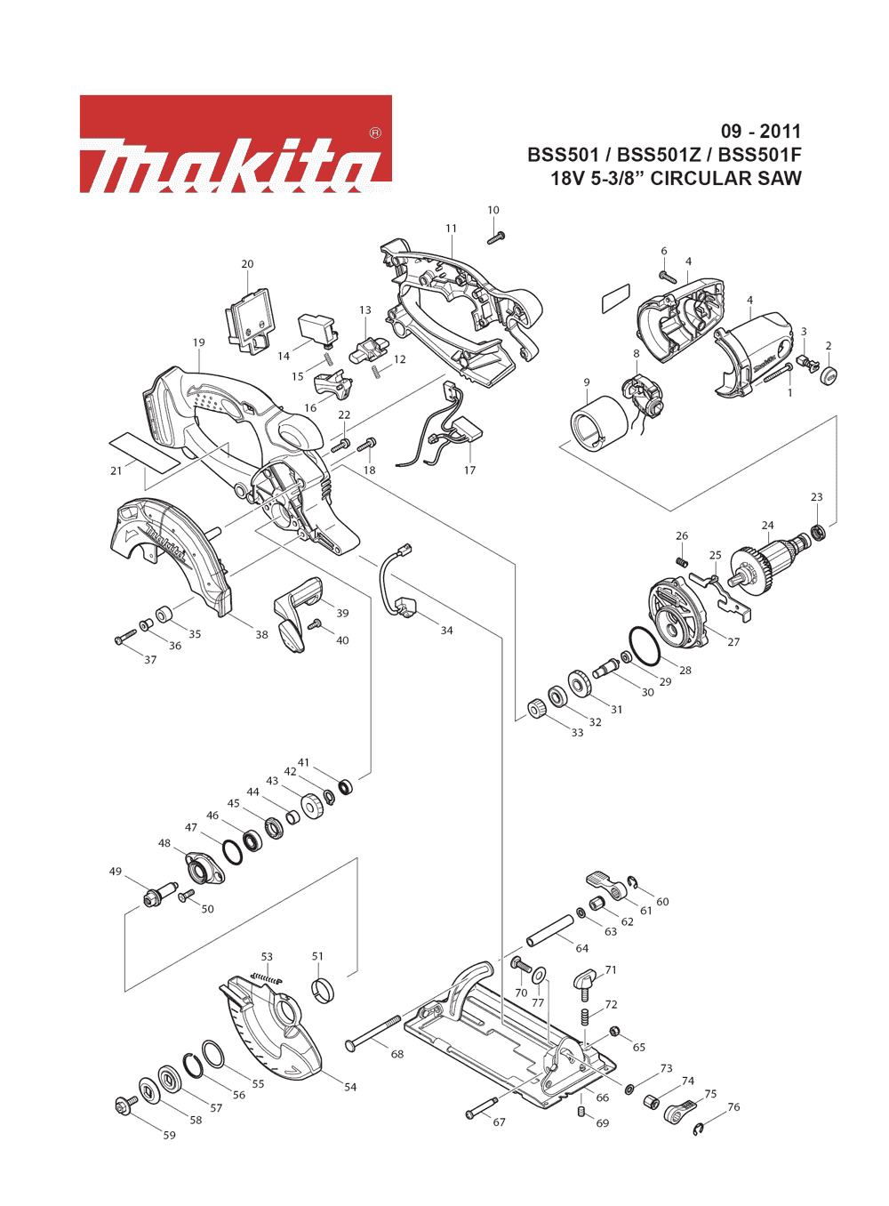 Page 1 Diagram and Parts List for BSS501F Type 1 Makita Saw