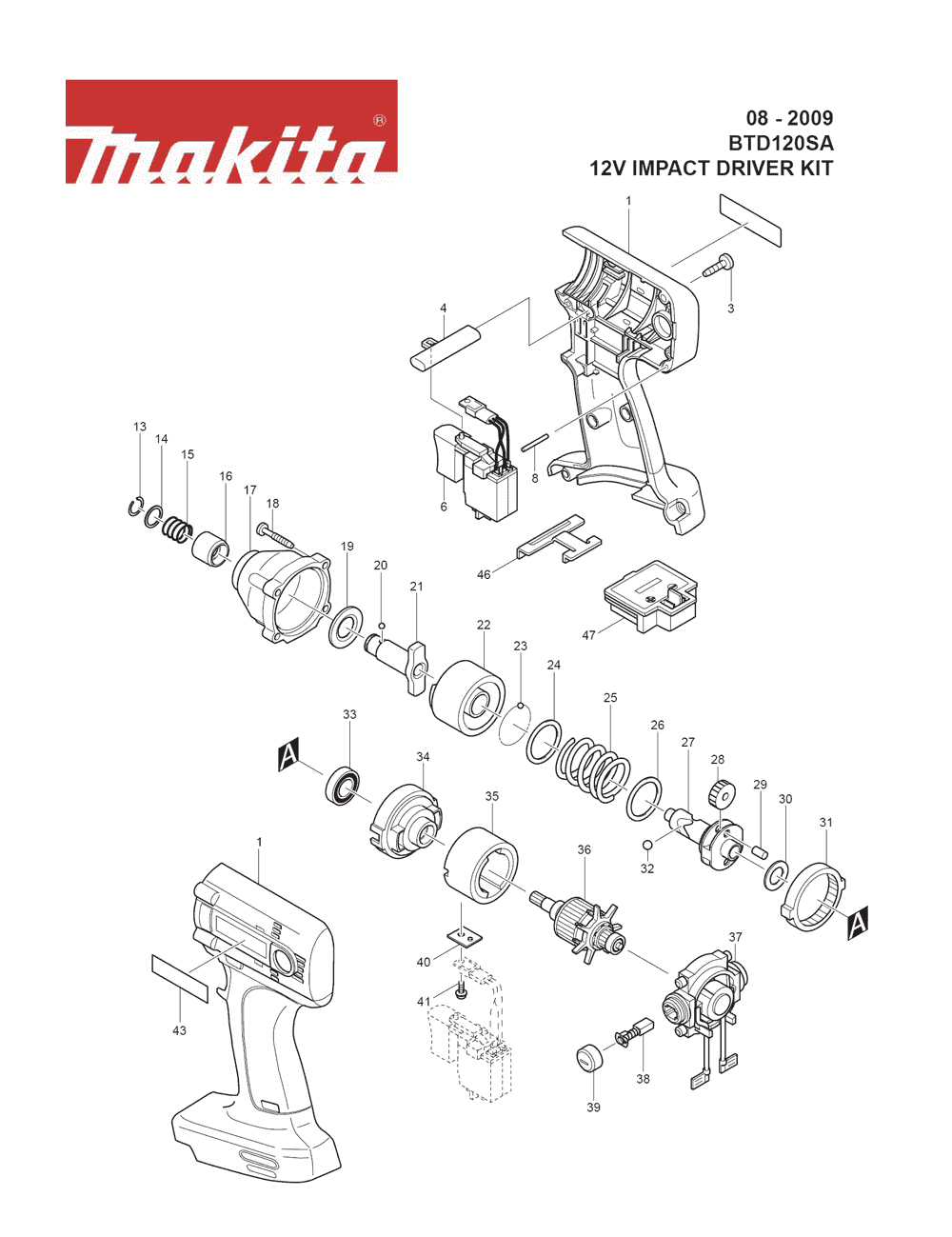 Page 1 Diagram and Parts List for BTD120SA Type 1 Makita Drill
