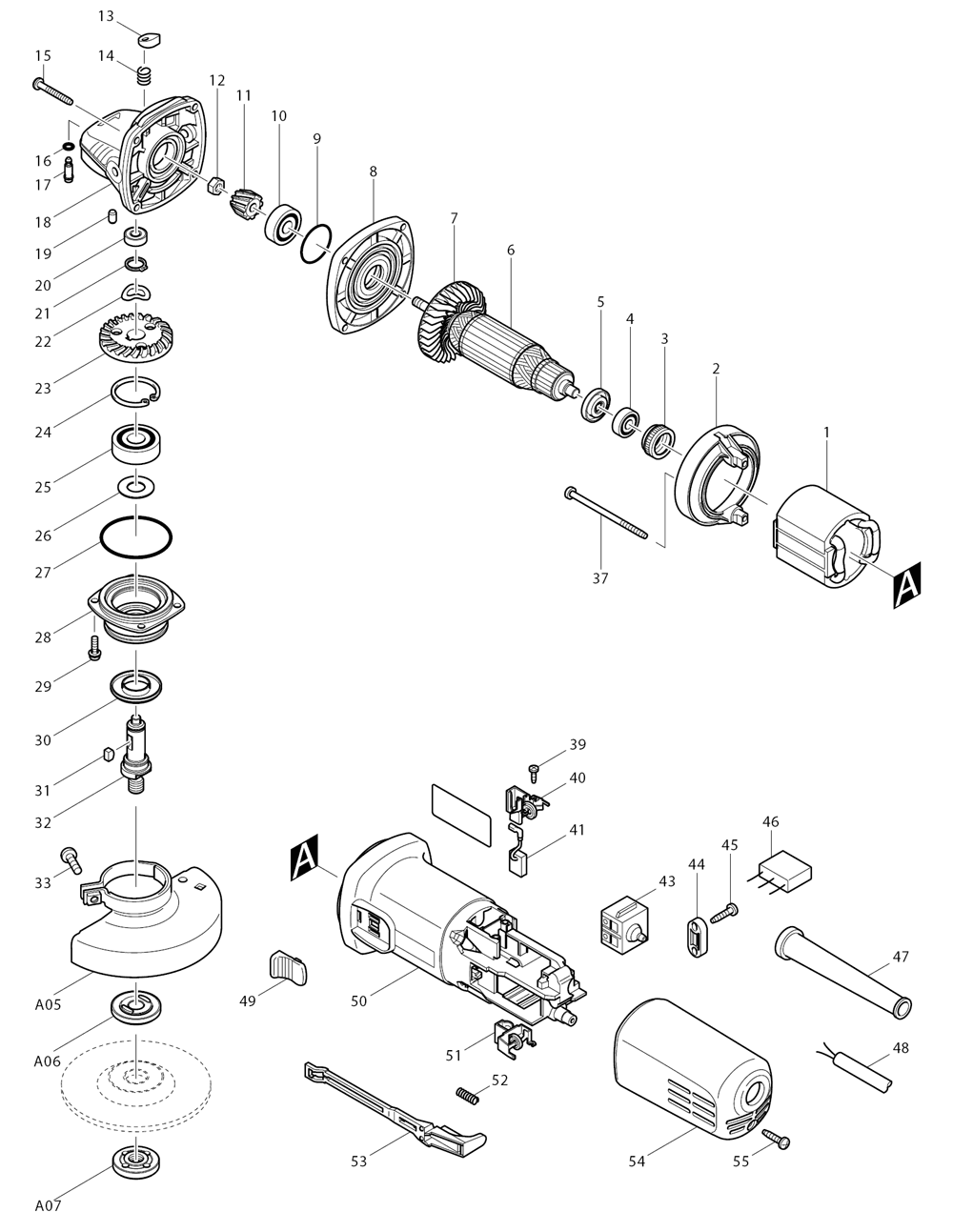 Page 1 Diagram and Parts List for 9554NBK  Makita Grinder