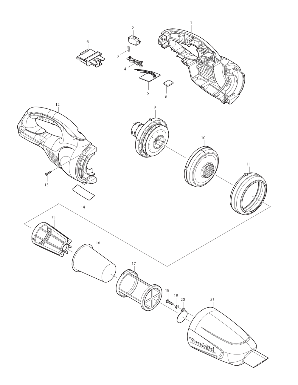 Page 1 Diagram and Parts List for XLC02RB1W  Makita Upright Vacuum