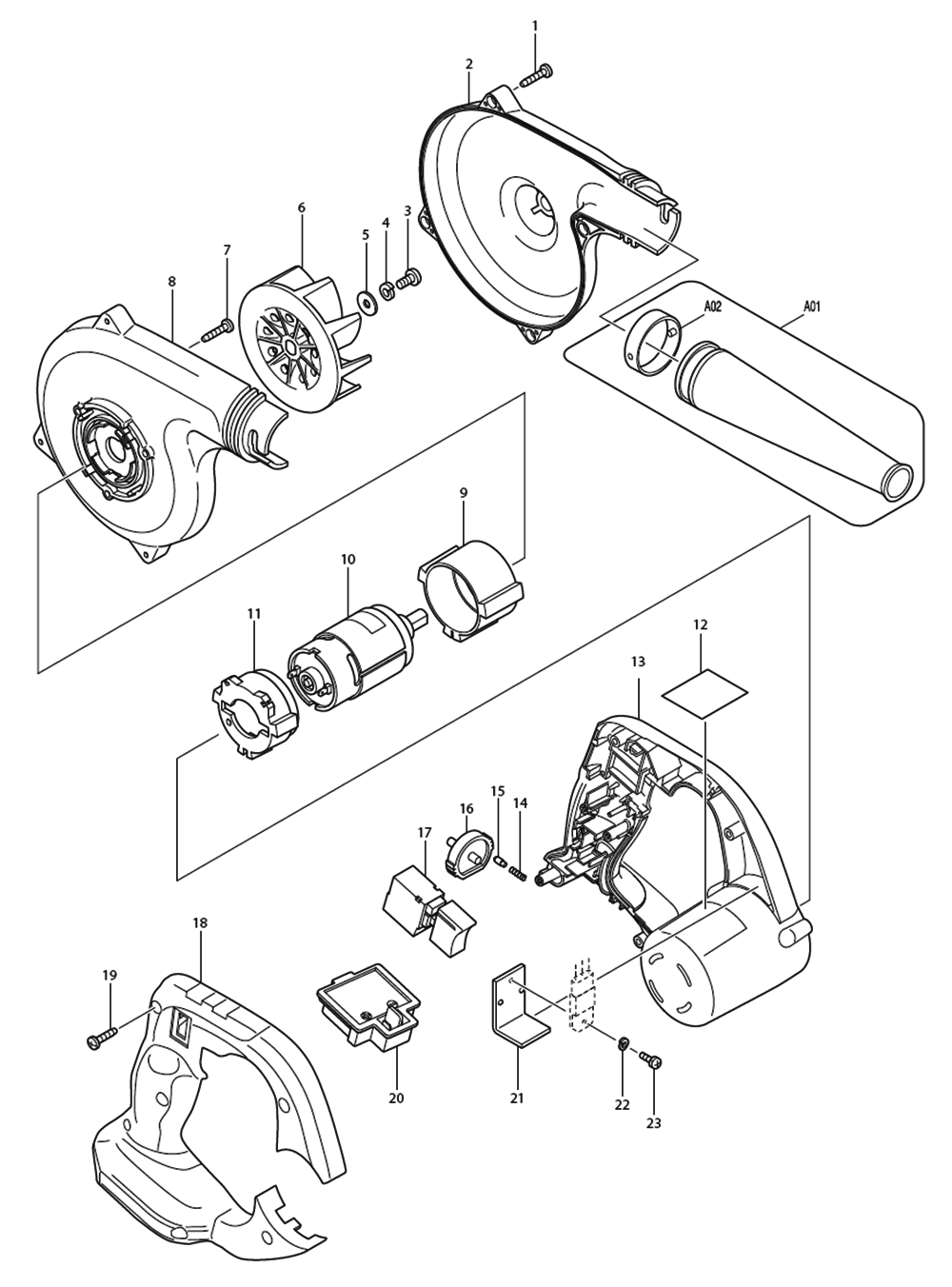 Fig-0 Diagram and Parts List for DUB182T1  Makita Leaf Blower / Vacuum