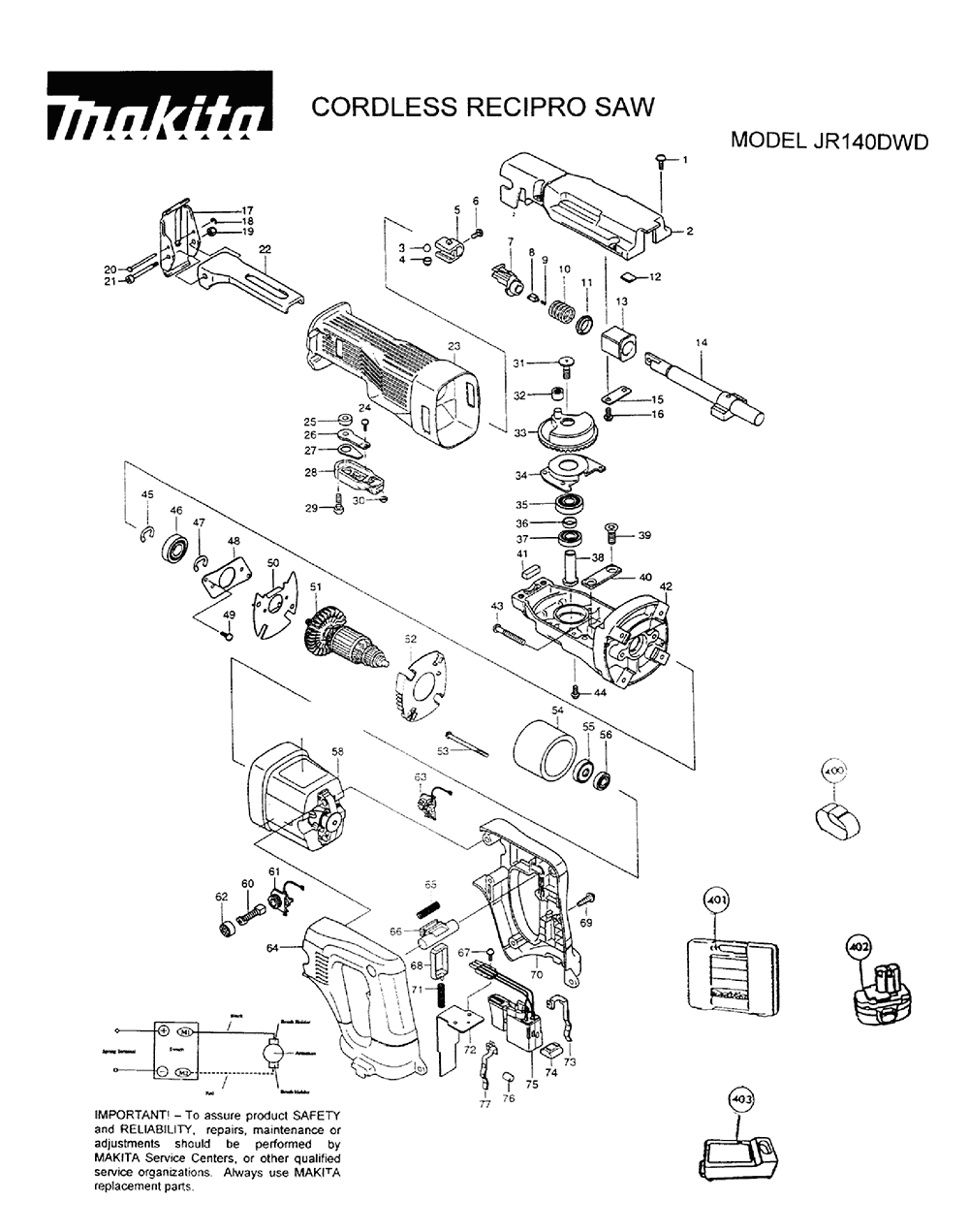 Page 1 Diagram and Parts List for JR140DWD  Makita Saw