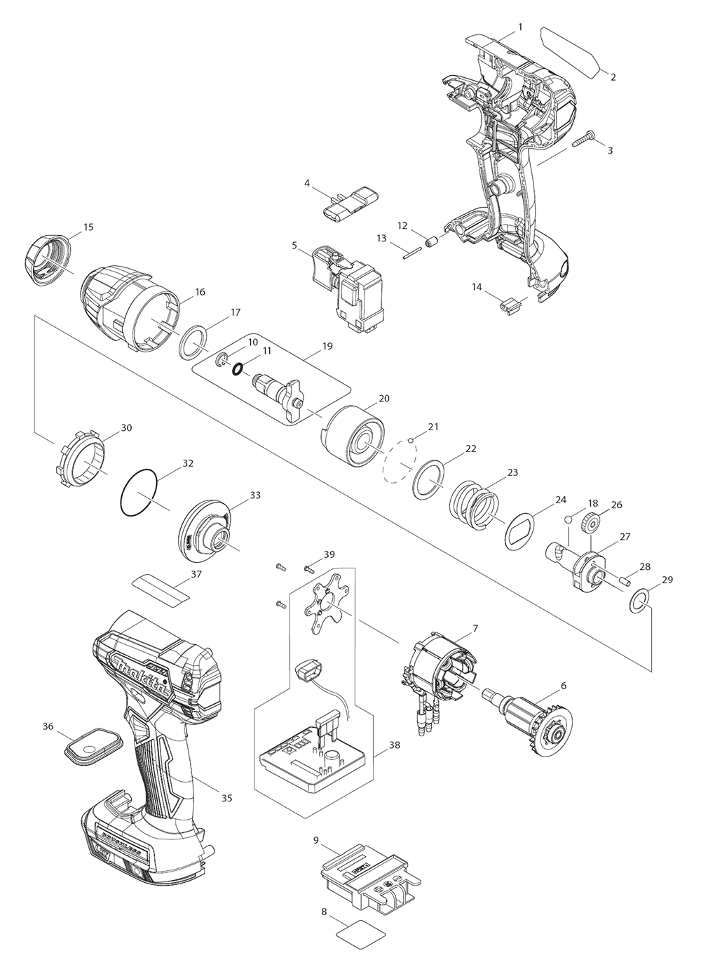 Page 1 Diagram and Parts List for XWT12ZB  Makita Drill