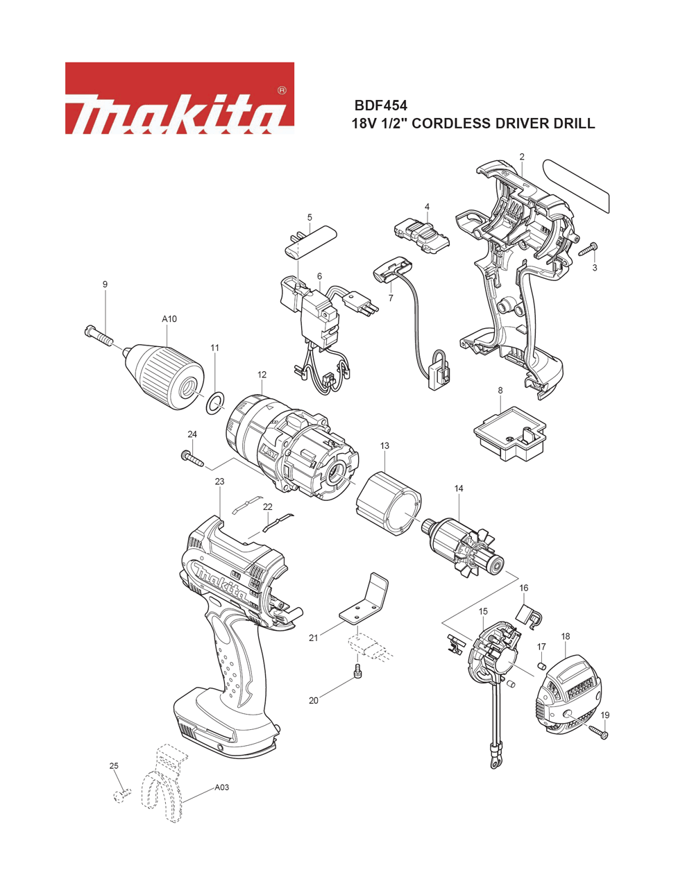 Page 1 Diagram and Parts List for BDF454 Type 2 Makita Drill