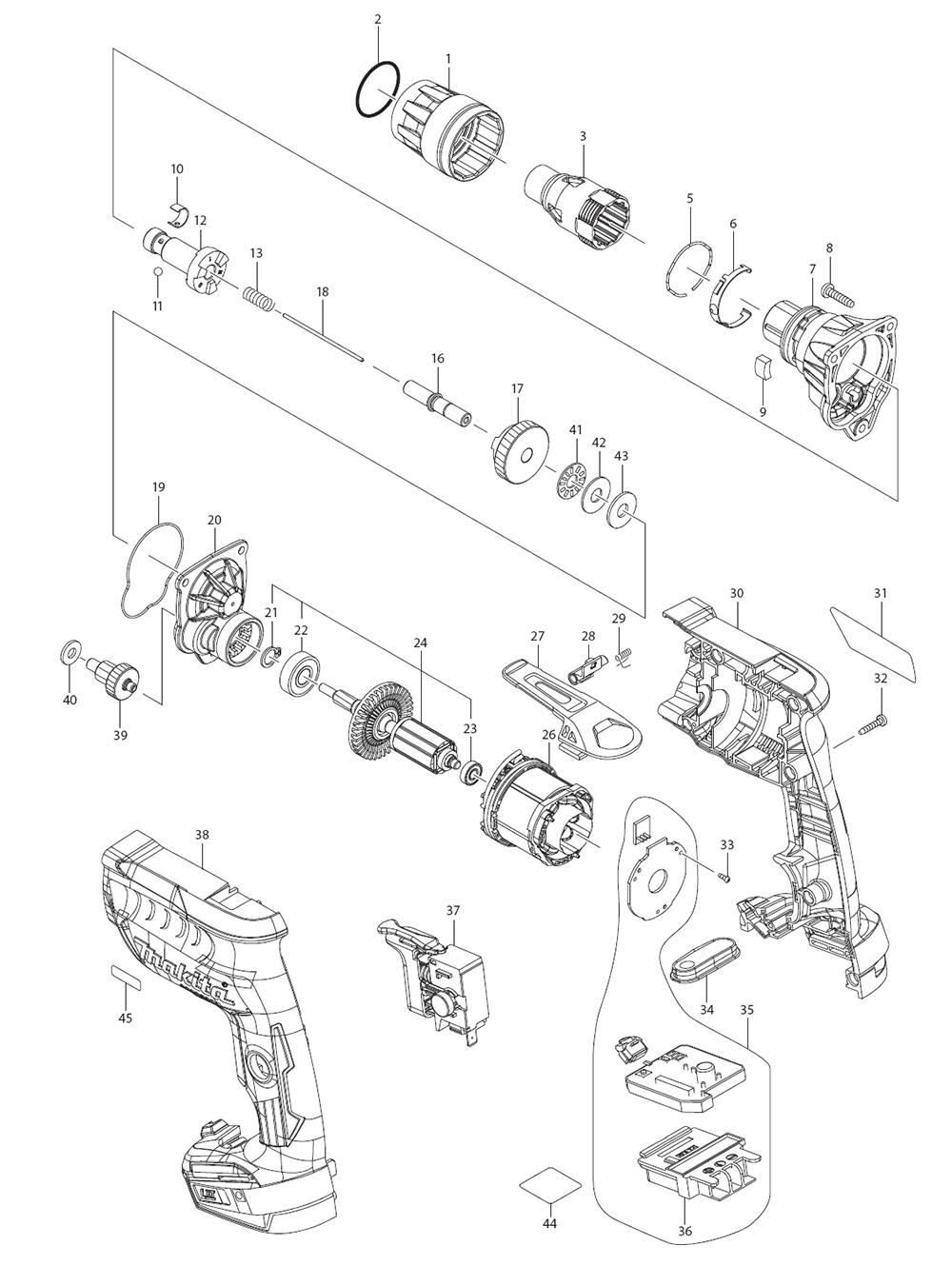 Page 1 Diagram and Parts List for XSF05Z  Makita Screwdriver