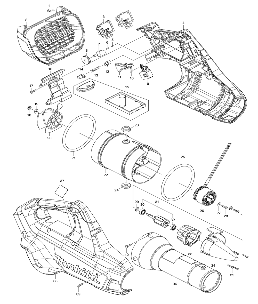Page 1 Diagram and Parts List for XBU02PM  Makita Leaf Blower / Vacuum