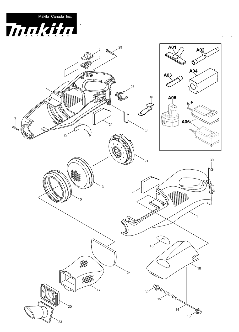 Page 1 Diagram and Parts List for 4013DWP  Makita Upright Vacuum