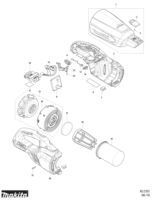 Diagram Diagram and Parts List for XLC03ZWX4  Makita Upright Vacuum
