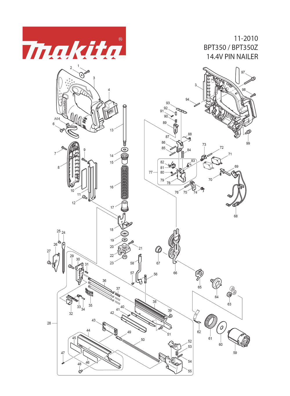 Page 1 Diagram and Parts List for BPT350Z Type 1 Makita Nailer