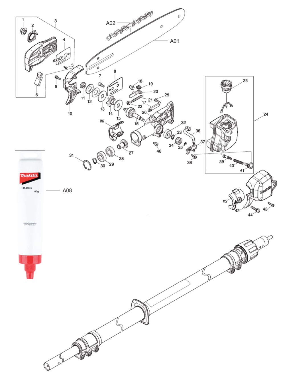Fig-0 Diagram and Parts List for XAU02PTB  Makita Pole Saw