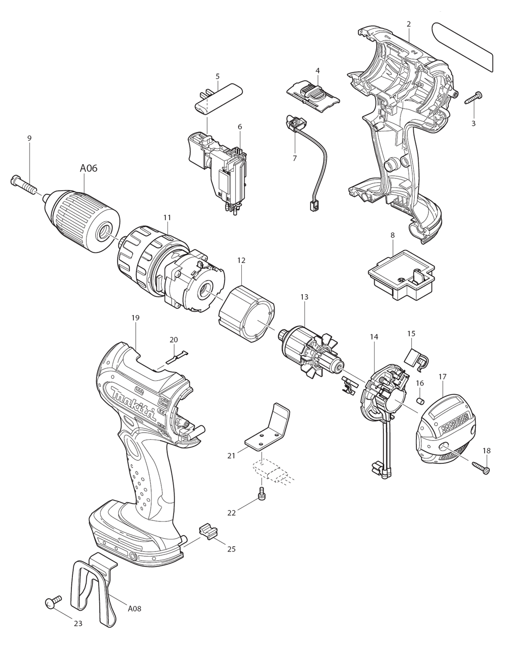 Page 1 Diagram and Parts List for BHP452H2 Type 1 Makita Drill
