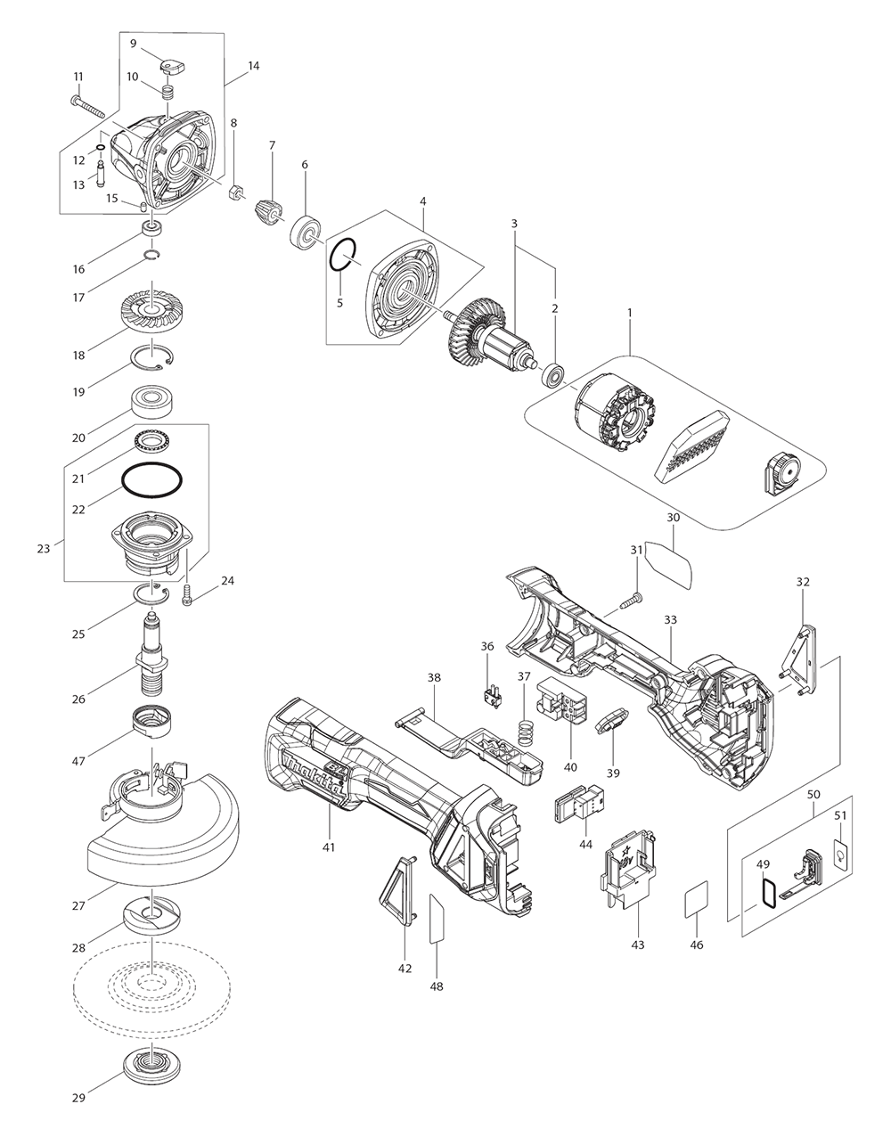 Page 1 Diagram and Parts List for XAG21ZU  Makita Grinder
