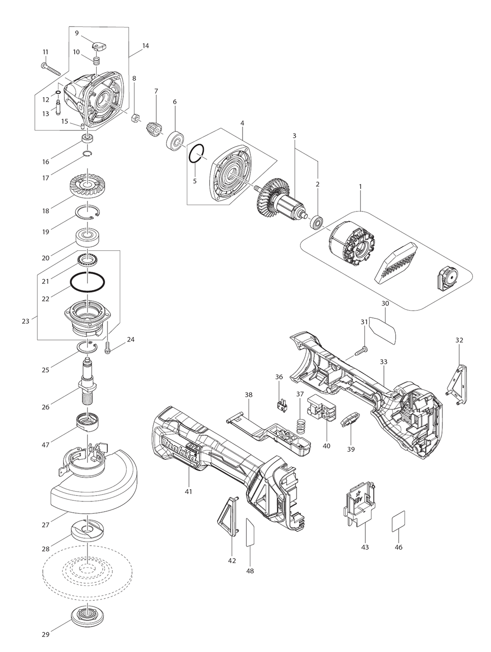 Page 1 Diagram and Parts List for XAG20Z  Makita Grinder