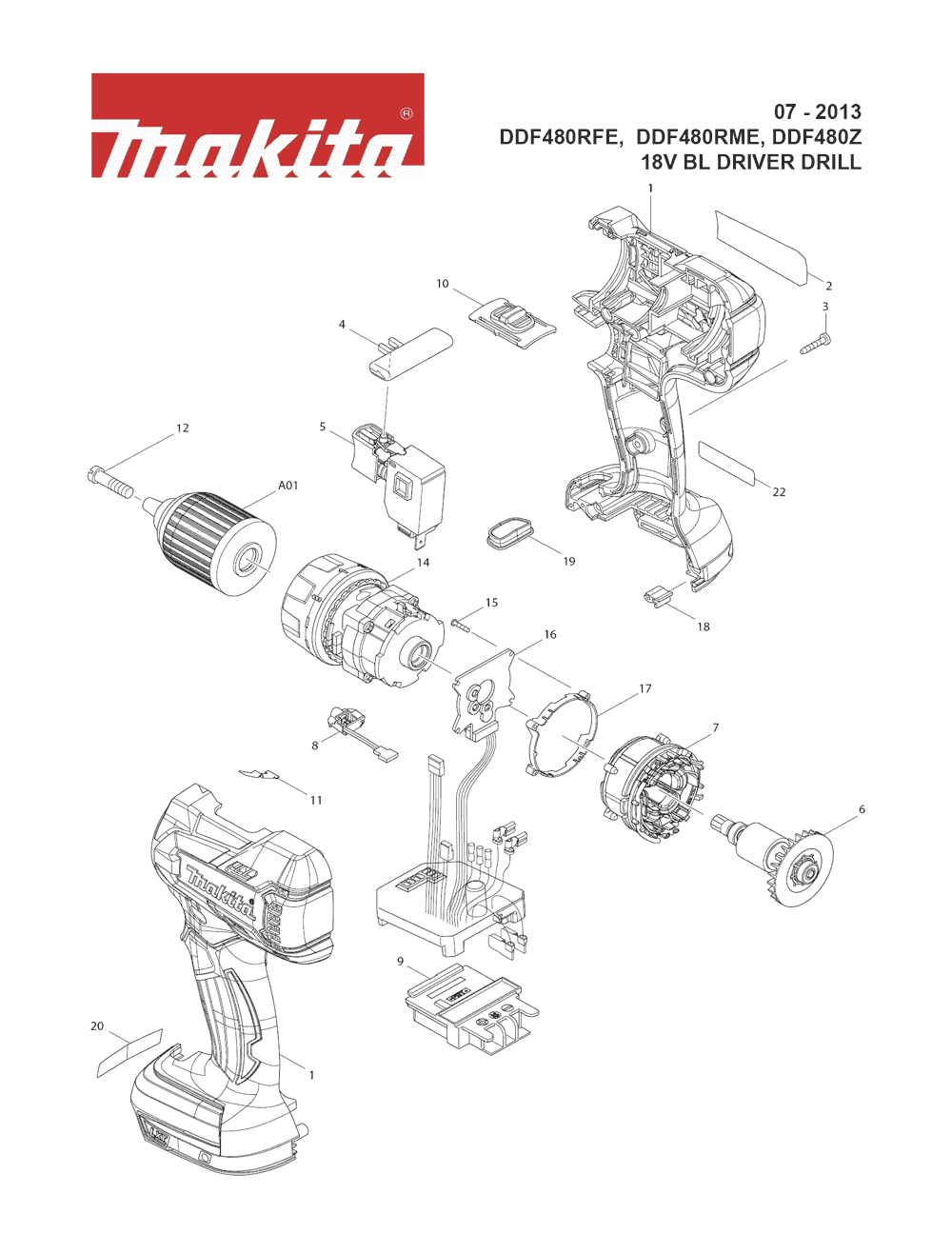 Page 1 Diagram and Parts List for DDF480RFE  Makita Drill