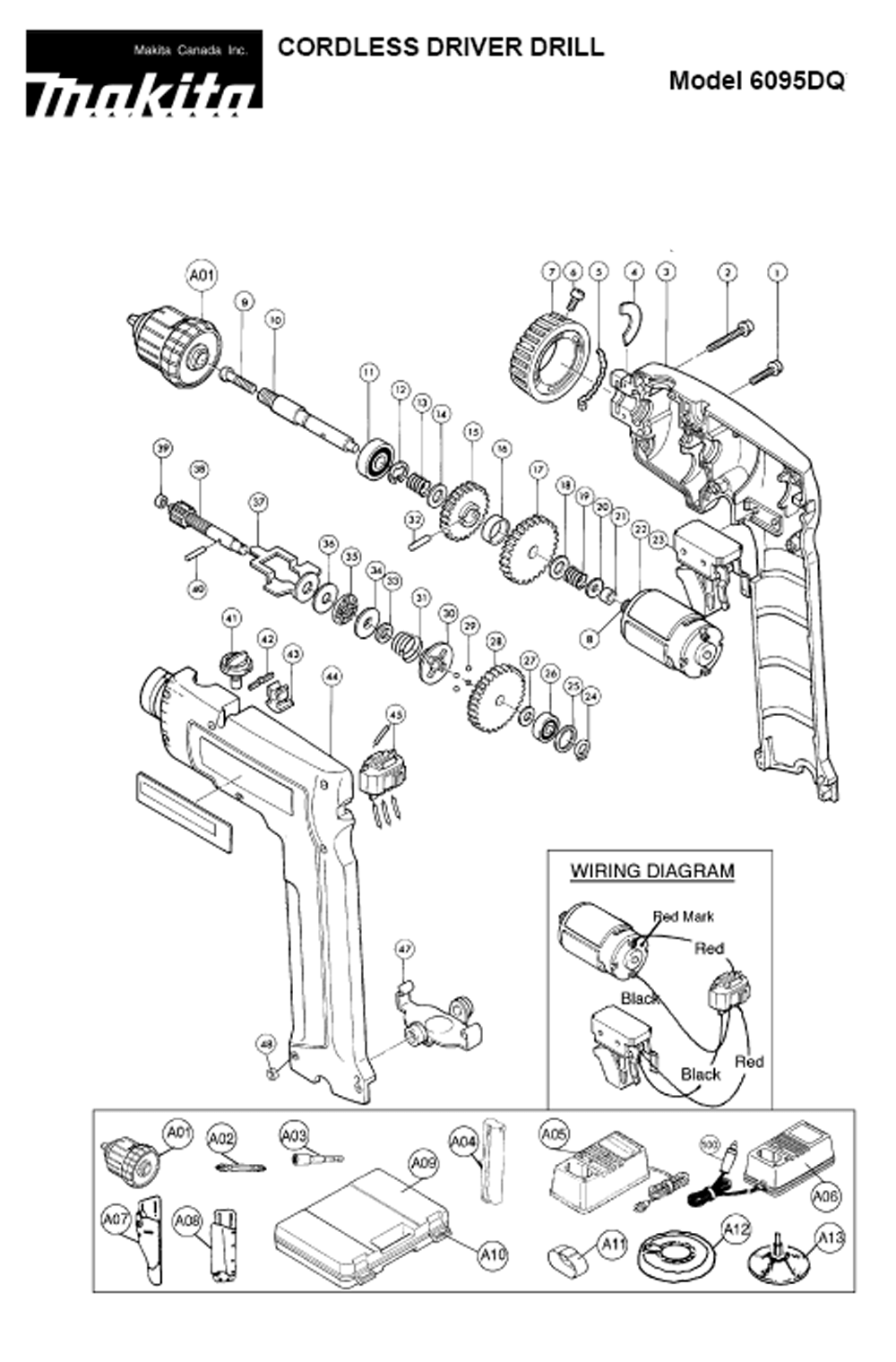 Page 1 Diagram and Parts List for 6095DWE  Makita Drill