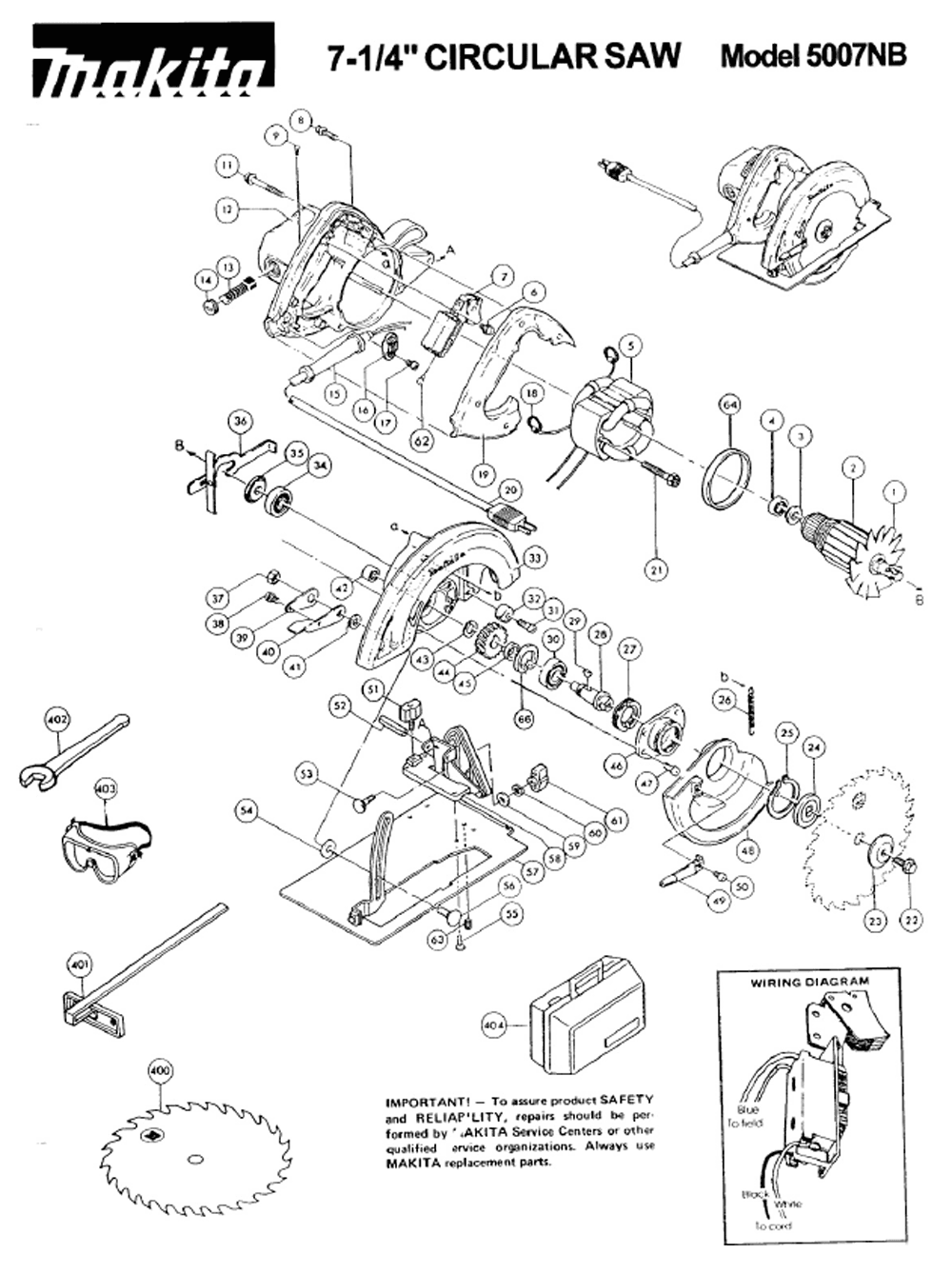 Page 1 Diagram and Parts List for 5007NBA-K  Makita Saw