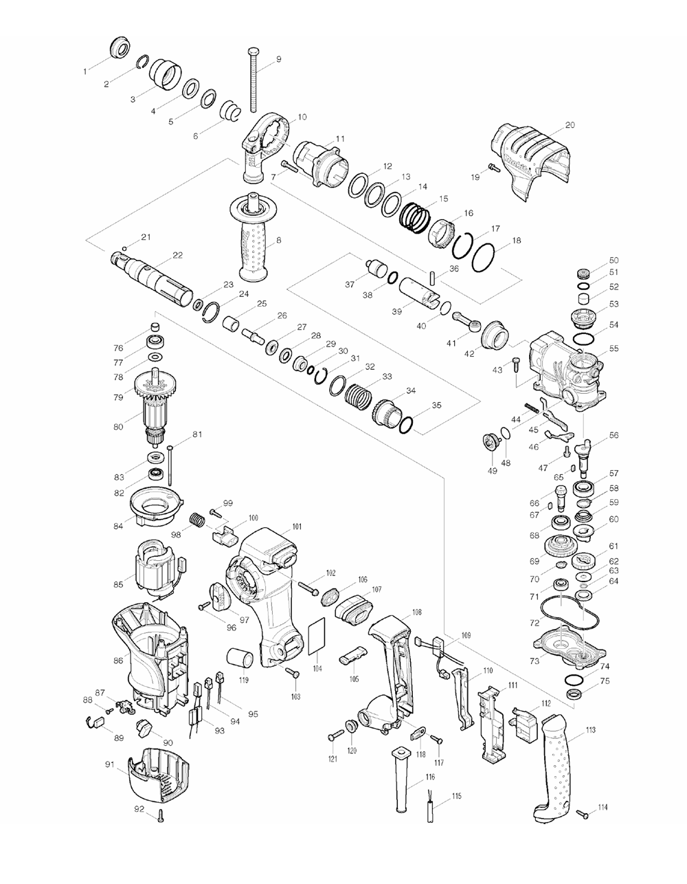 Page 1 Diagram and Parts List for HR2811FX  Makita Hammer