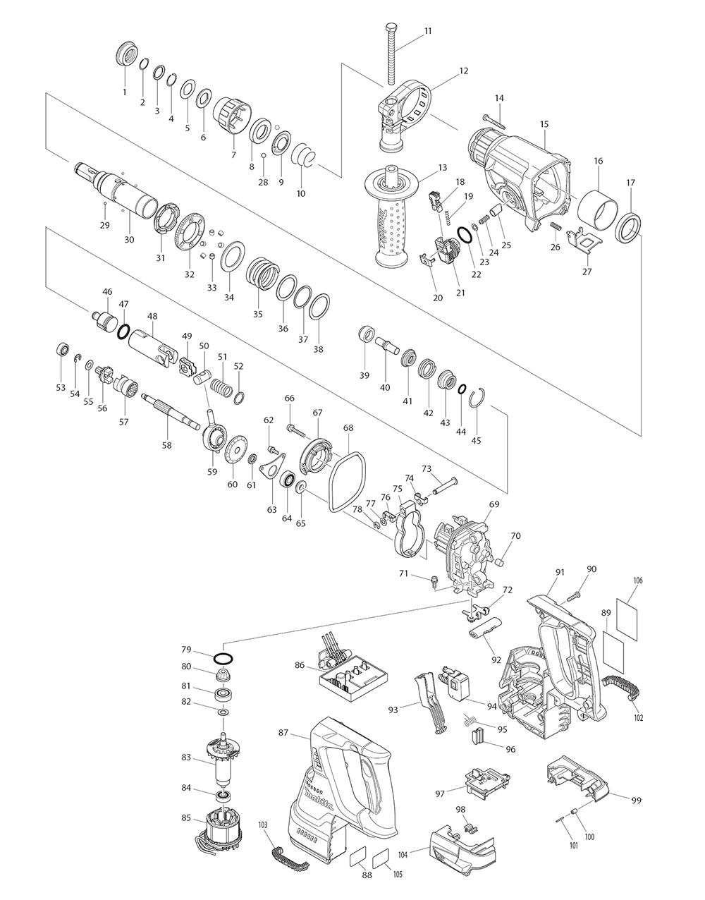 Page 1 Diagram and Parts List for XRH011TX  Makita Hammer