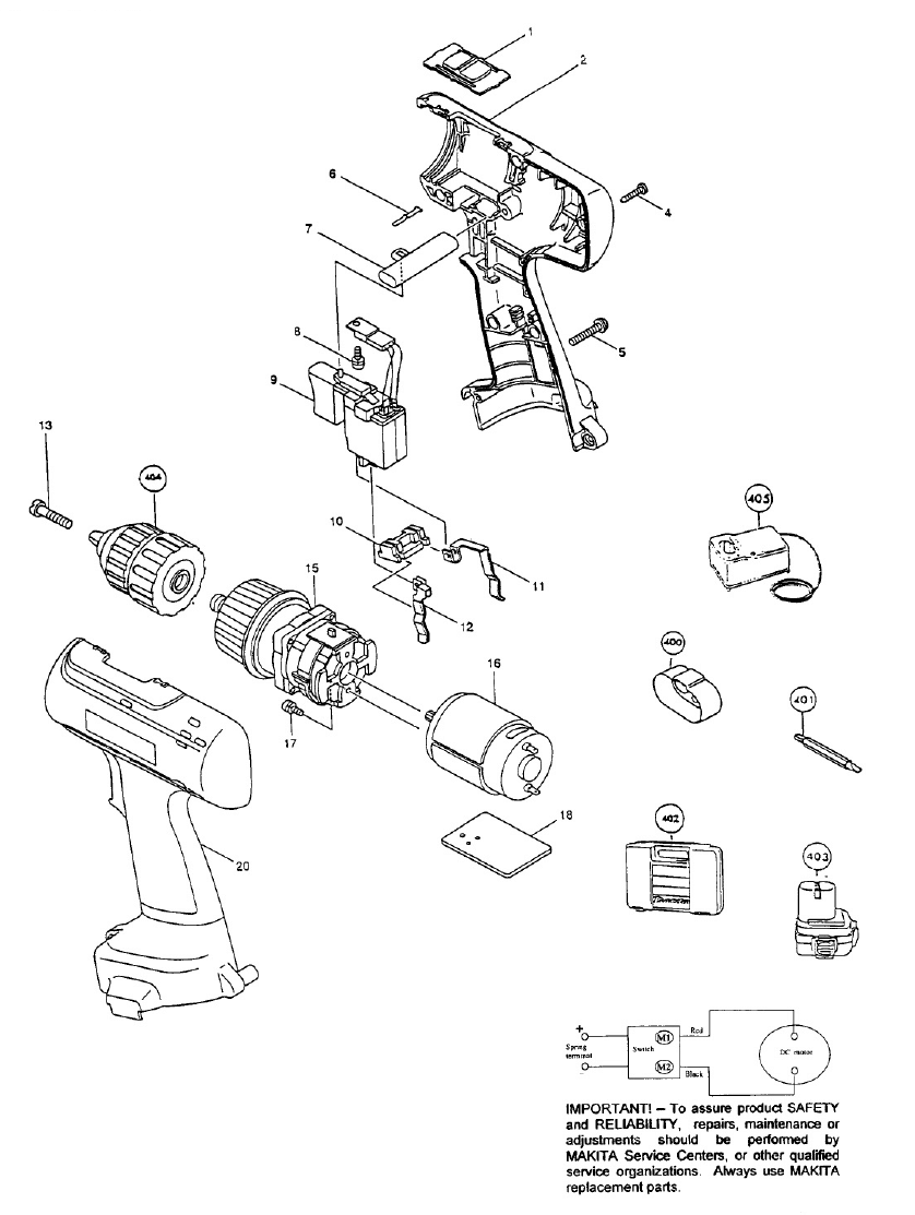 Page 1 Diagram and Parts List for 6227DWE  Makita Drill