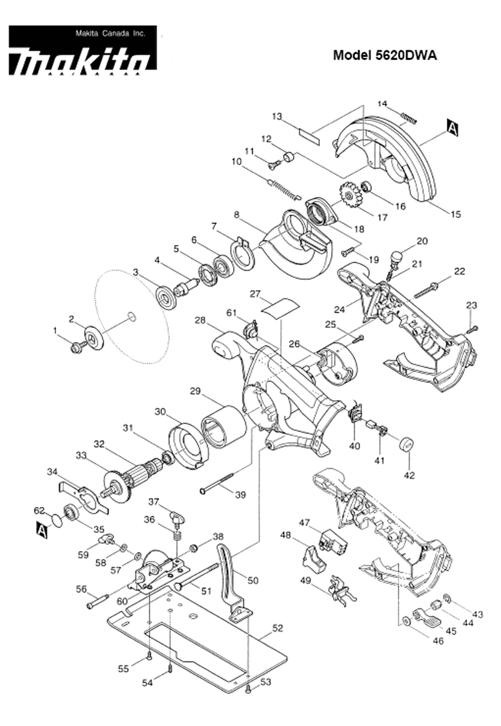 Page 1 Diagram and Parts List for 5620DWA  Makita Saw