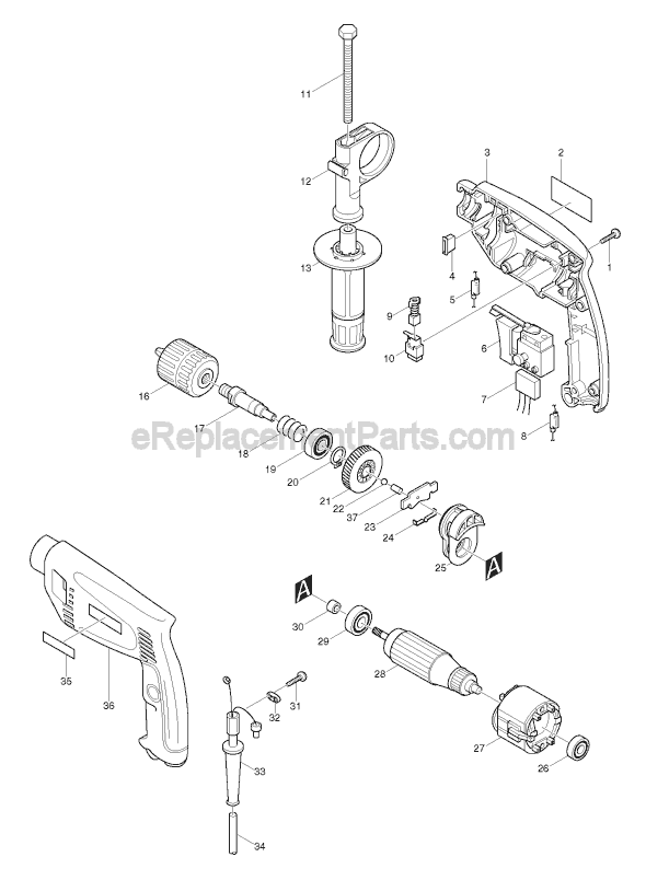 Page A Diagram and Parts List for HP1501  Makita Hammer Drill