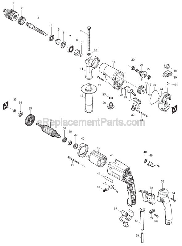 Page A Diagram and Parts List for HP2051F  Makita Hammer Drill
