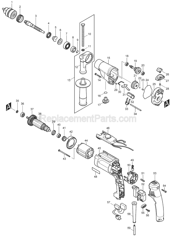 Page A Diagram and Parts List for HP2070F  Makita Hammer Drill