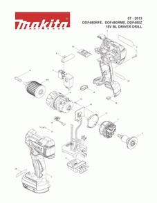 Page 1 Diagram and Parts List for DDF480RFE  Makita Drill