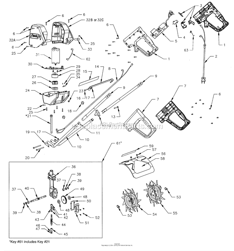 Main Assembly Diagram and Parts List for 7250  Mantis Tiller