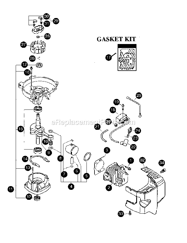 Block / Gasket Kit Diagram and Parts List for 7222  Mantis Tiller