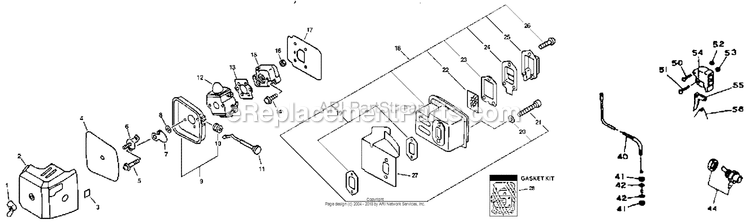 Air Cleaner, Muffler, Throttle Diagram and Parts List for 7222 2001-01 to 2004-03 Mantis Tiller