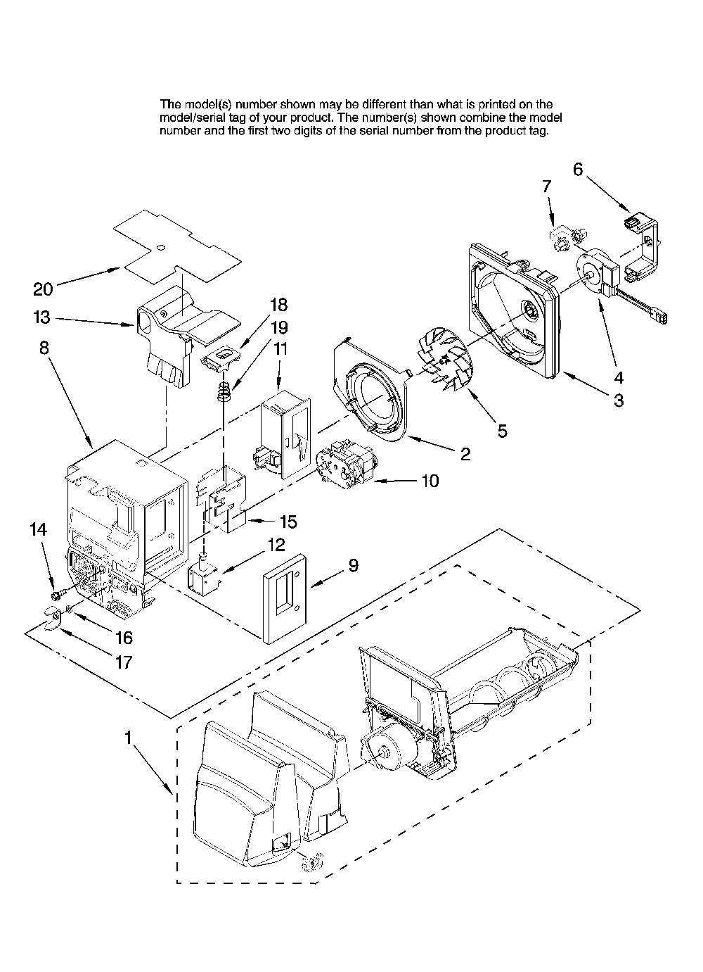 Motor and ice container parts Diagram and Parts List for MFI2569VEM0  Maytag Refrigerator