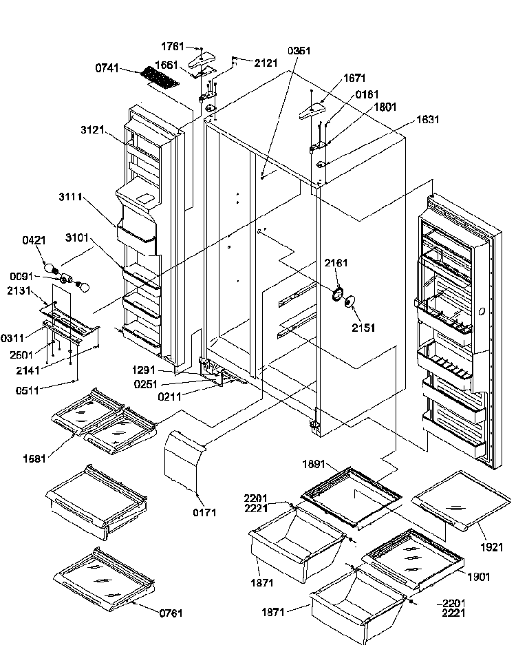 Refrigerator/freezer Shelves/lights/hinges Diagram and Parts List for SRD22S3W-P1190319WW  Amana Refrigerator