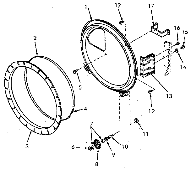Rear Bulkhead, Felt Seal And Cylinder Roller Diagram and Parts List for NE6613L43828  Speed Queen Dryer