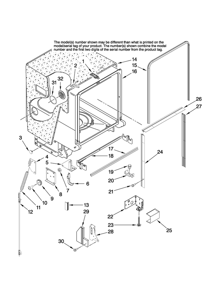Tub And Frame Parts Diagram and Parts List for JDB1095AWS41  Jenn-Air Dishwasher