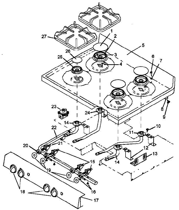 Main Top Assembly Diagram and Parts List for AGS761W1-P1141274NW  Amana Range