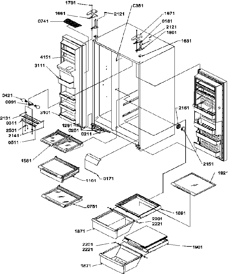 Refrigeratorfreezer Shelves, Light, And Hinges Diagram and Parts List for SRDE27S3W-P1190602WW  Amana Refrigerator