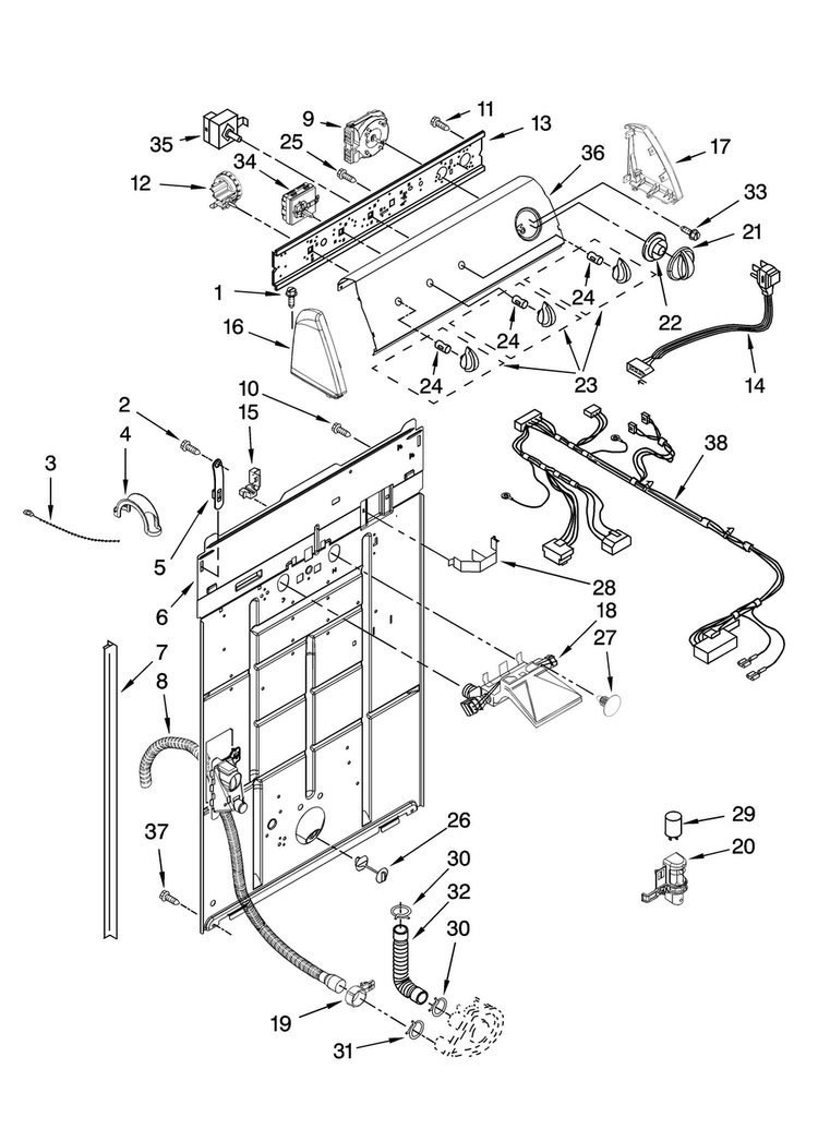 Controls And Rear Panel Parts Diagram and Parts List for NTW4800VQ1  Amana Washer