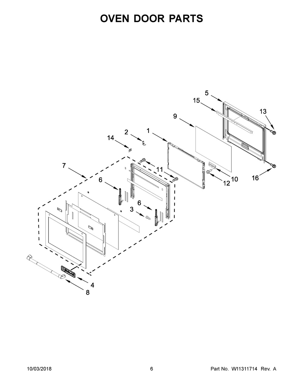 Oven Door Parts Diagram and Parts List for JJW3430DP03  Maytag Wall Oven