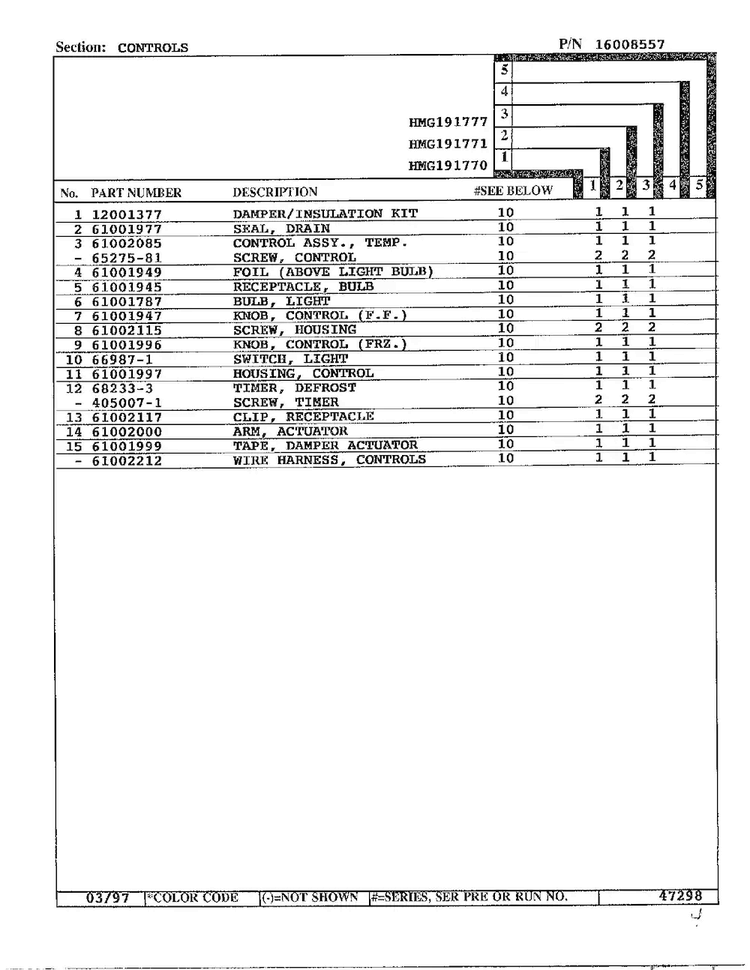 Controls Page 2 Diagram and Parts List for HMG191777  Admiral Refrigerator