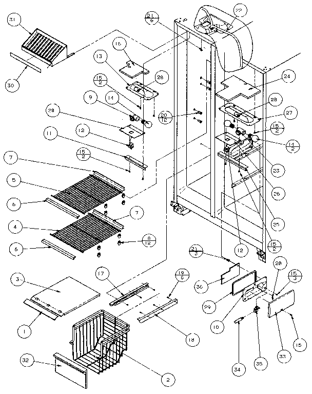 Freezer Shelving And Refrigerator Light Diagram and Parts List for 36048-P1122102W  Amana Refrigerator