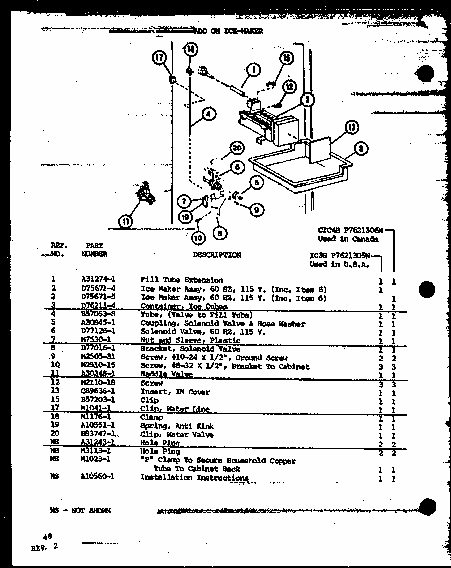 Add On Ice-maker (ic3h/p7621305w) (cic4h/p7621306w) Diagram and Parts List for TLI20K-P7803249W  Amana Refrigerator